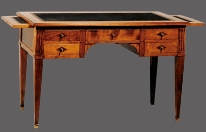 Bureau Directoire 120 x 0,75 en merisier - 5 tiroirs - 2 tirettes cuir